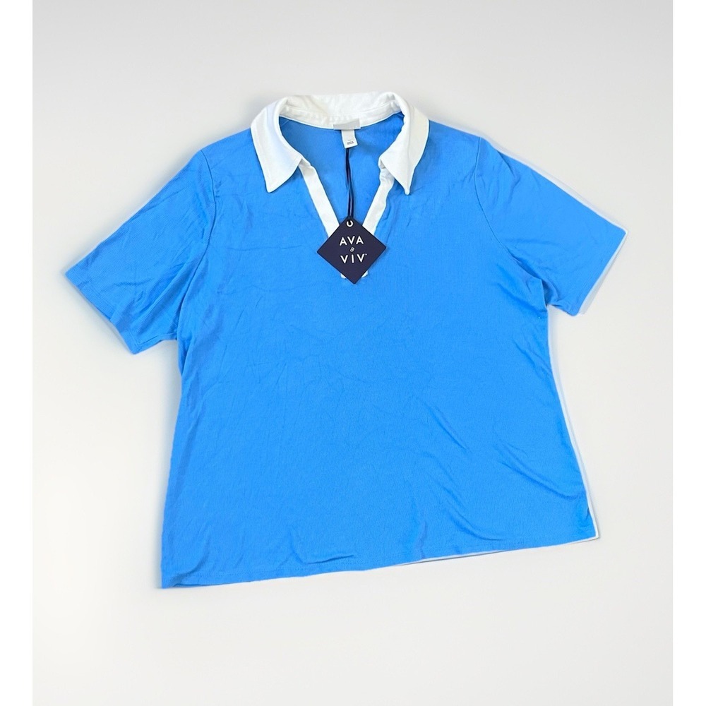 NEW Ava & Viv Women's Short Sleeve Ribbed Polo Shirt Blue Size 1X